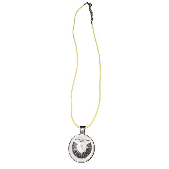 Burning Man 2017 Pendant Necklace Round Map Logo Silvertone Yellow Cord Souvenir - Picture 3 of 5